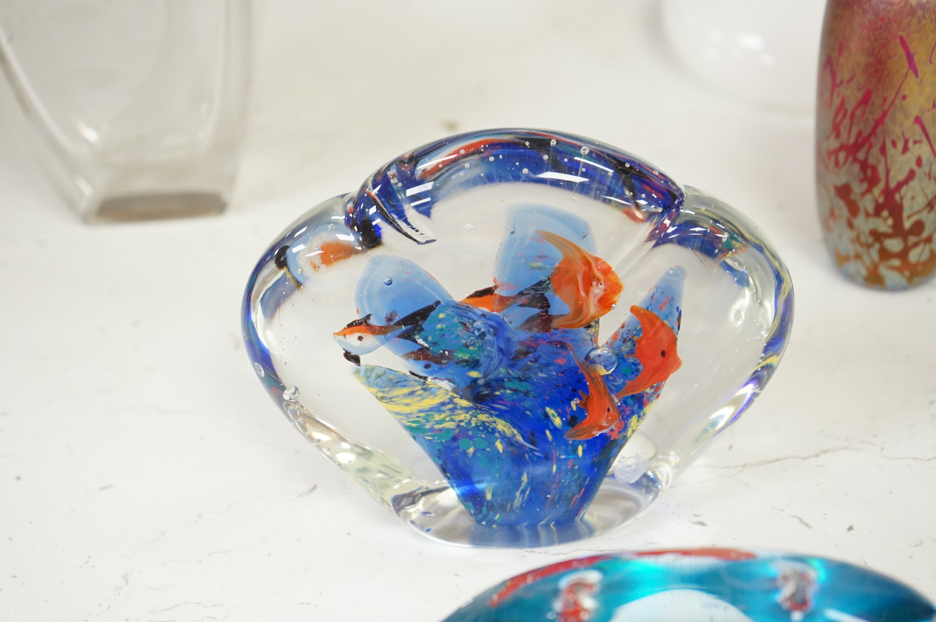 A collection of studio glass, including two glass aquarium ornaments, a pair of Langham dolphins, a Scandinavian fish vase and a smaller vase, largest 34cm high (6)